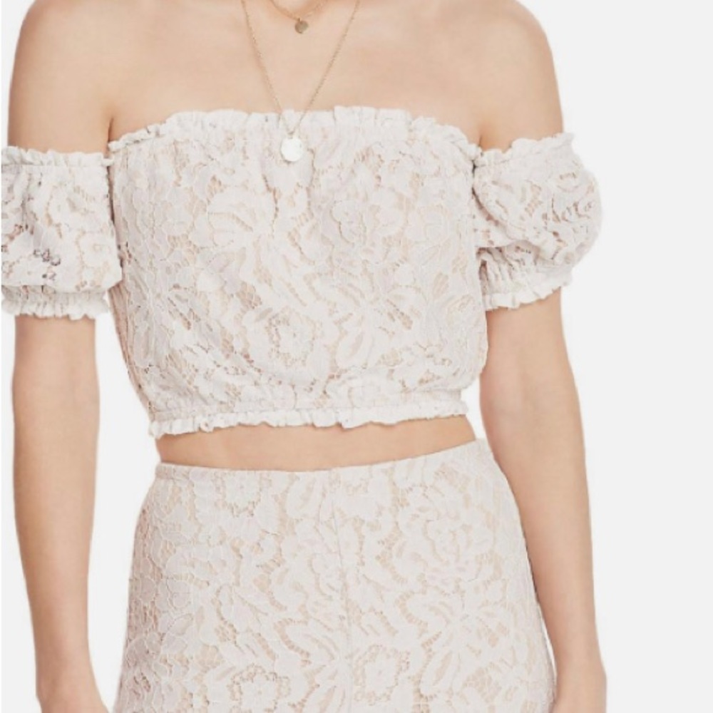 NWT-Aqua Womens Lace Overlay Off-The-Shoulder Tee Crop Top